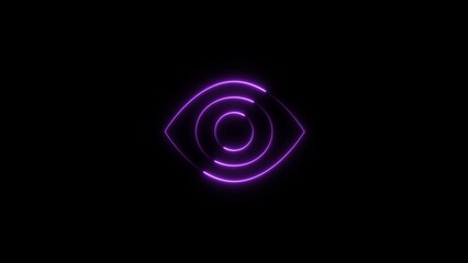 Human eye icon neon glowing magenta color 4k illustration. open eyes black background 4k illustration.