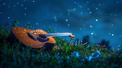 Naklejka premium The guitar hums soft tunes as it lies on the grass beneath the stars