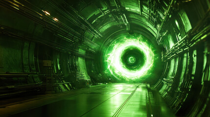 particle collision event within a large hadron collider. A large metal structure glowing with green light. A high-energy particle collision in hadron collider with subatomic particles flying apart
