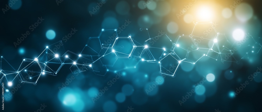 Poster dynamic blue and gold abstract background illustrating molecular structures and glowing particles in