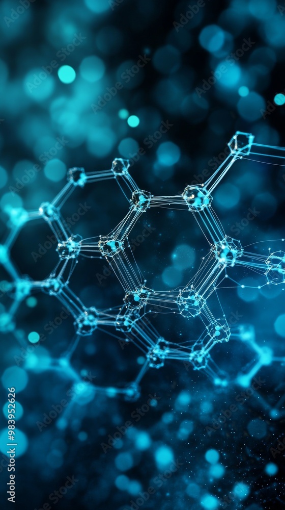 Poster blue and teal abstract molecular structure with connections and detailed design elements in a digita