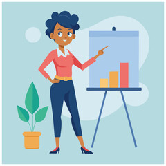 Confident Woman Presenting – Female Character Pointing at Presentation Board