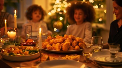 Festive family dinner with delicious food, glowing candles, and laughter amidst holiday decorations.