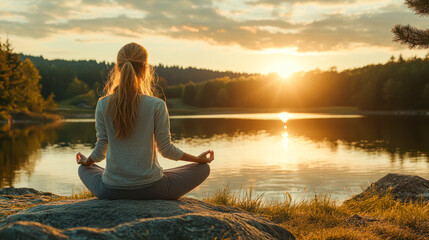 Fototapeta premium Young fit woman in fitwear practices morning yoga sitting in lotus position, meditating on mat in nature near lake in green park. Lady enjoys calmness during workout meditation, copy space. Wellbeing