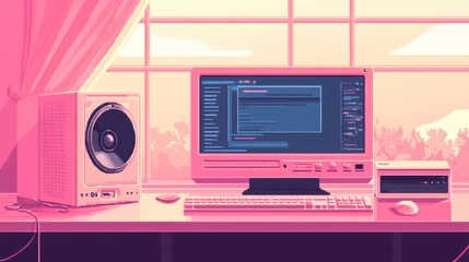 Fototapeta premium Retro old computer user interface,Pink Y2K computer window page and retro interface of PC screenTrendy,y2k pc element,8 bit pixel art,Transgressive conceptual modern art,kawaii retro 90s style.
