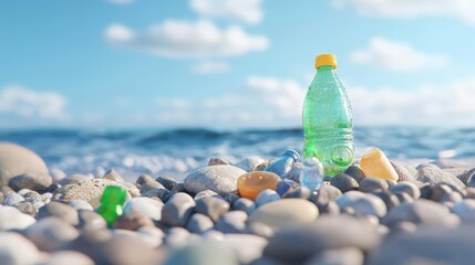Obraz premium Plastic bottles littering beach, environmental damage, 3D illustration