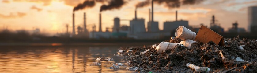 Obraz premium Industrial pollution, factory dumping waste into river, 3D illustration