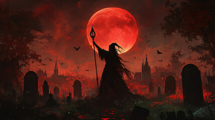 A witch standing in a graveyard under a blood-red moon, raising her staff as spirits rise from the ground.