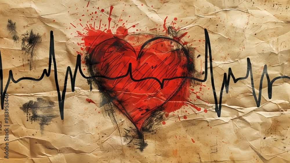Aufkleber A striking representation of a red heart adorned with black heartbeat lines, set against a backdrop of crumpled paper, evoking emotion and vitality.