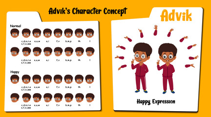 A Happy african boy cartoon character AKA Advik, Black boy cartoon in track suit. Happy face expressions and lip sync. Set of cute boy with various hand gesture and front and 1/3 standing pose.