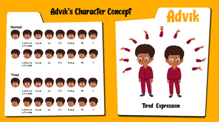A Tired african boy cartoon character AKA Advik, Black boy cartoon in track suit. Tired face expressions and lip sync. Set of cute boy with various hand gesture and front and 1/3 standing pose.