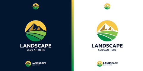 Farmland landscape logo. Farm food badge logo design with sun and mountain design graphic symbol vector icon. © Matteo_std