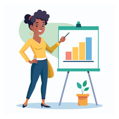 Confident Woman Presenting – Female Character Pointing at Presentation Board