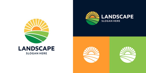 Farmland landscape logo. Farm food badge logo design with sun design graphic symbol vector icon.