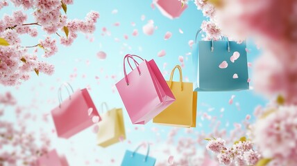 Colorful shopping bags falling on blue sky and pink sakura,background,black friday concept,sale or Discount banner,Template for promotion,advertising,web,social and spring season,ads,space for text.