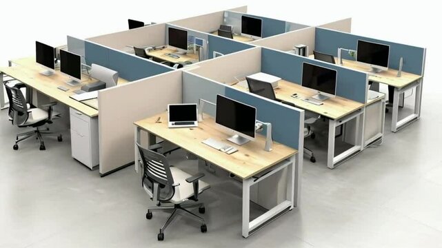 Modern office layout featuring cubicles with computers and ergonomic furniture.
