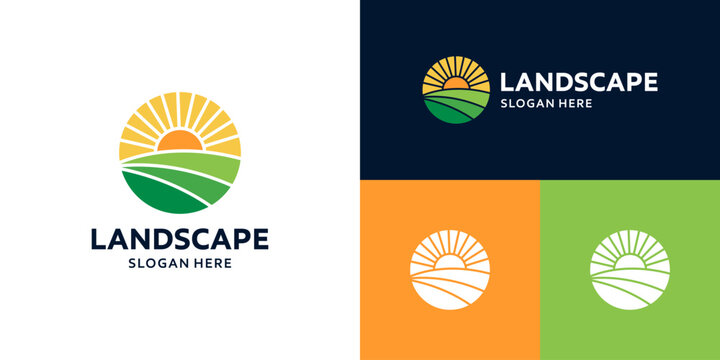 Farmland landscape logo. Farm food badge logo design with sun design graphic symbol vector icon.