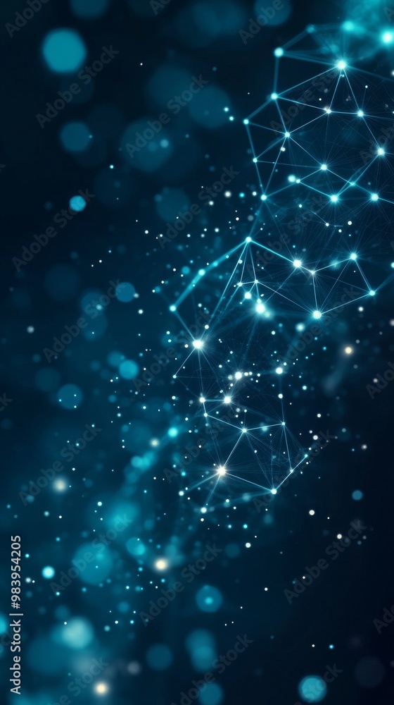 Poster abstract digital background with glowing particles and interconnected lines in a dark setting