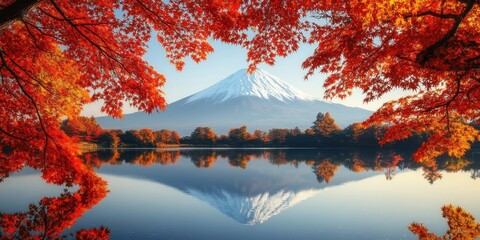 Generate an image of Mount Fuji seen across a tranquil lake,