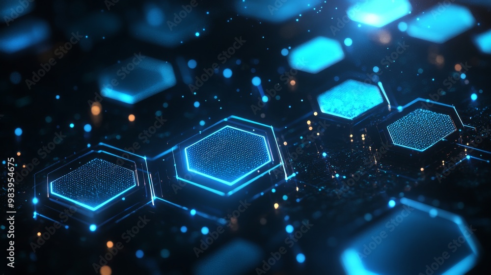 Poster blue hexagonal shapes with glowing edges create an abstract digital background during a technology-t