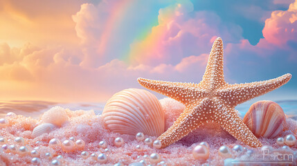 Abstract summer nature composition with a starfish and pearl seashell border set against a background of rainbow sky clouds 