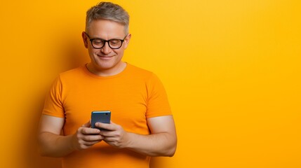 A man in an orange shirt is looking at his cell phone. He is smiling and he is enjoying himself