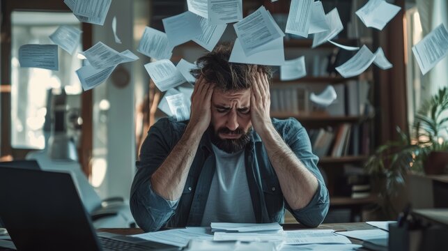 A man feeling overwhelmed by stress and chaos as papers fly around him in a cluttered office environment.