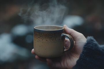 A close-up of a hand holding a warm ceramic coffee mug with steam rising