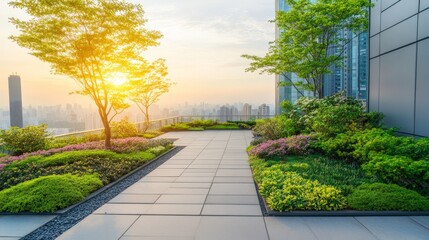 Obraz premium Serene Urban Oasis: A Vibrant Green Rooftop Garden at Sunset