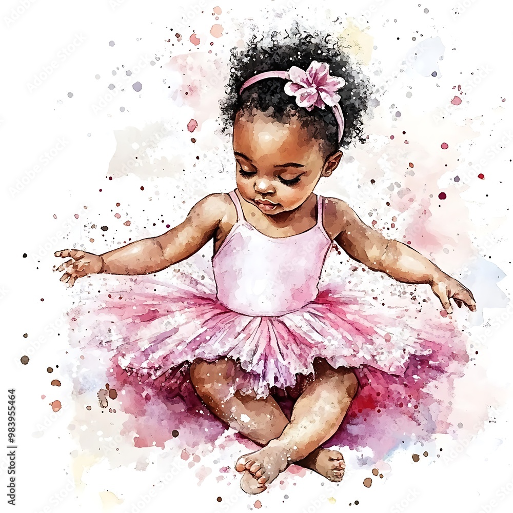 Sticker Watercolor Portrait of a Cute Little Girl in a Pink Tutu.