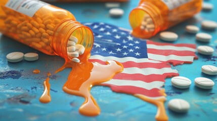 A vivid representation of medication spills on the American flag reflecting healthcare issues in the United States.