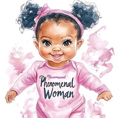 Watercolor Illustration of a Young Black Girl with the Phrase "Phenomenal Woman"