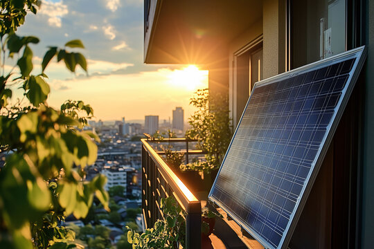 Solar Balkonkraftwerk auf dem Balkon einer Wohnung oder B&uuml;ro in der Stadt, kleine Solaranlage f&uuml;r Wohnungseigent&uuml;mer und Mieter