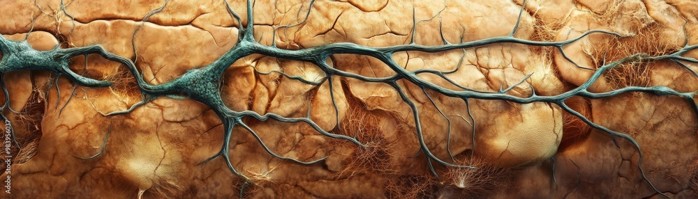 Poster Abstract representation of neural pathways, showcasing intricate networks and textures that resemble a biological structure.