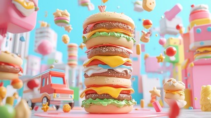 Gourmet Cheeseburgers in a City Food Truck - 3D Illustration of Delicious Fast Food on Urban Background, Generative Ai