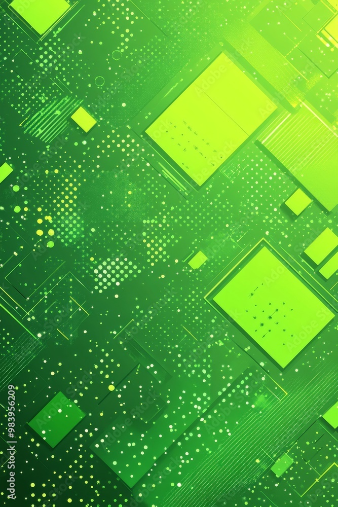 Poster abstract design featuring geometric shapes and patterns in vibrant shades of green with a digital fe