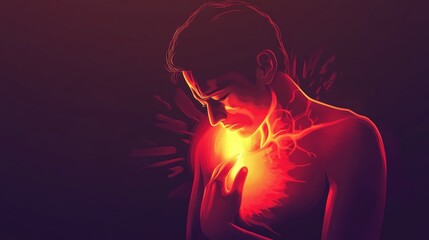 An emotional depiction of a person experiencing inner turmoil and pain, radiating warmth and intensity from the chest area.