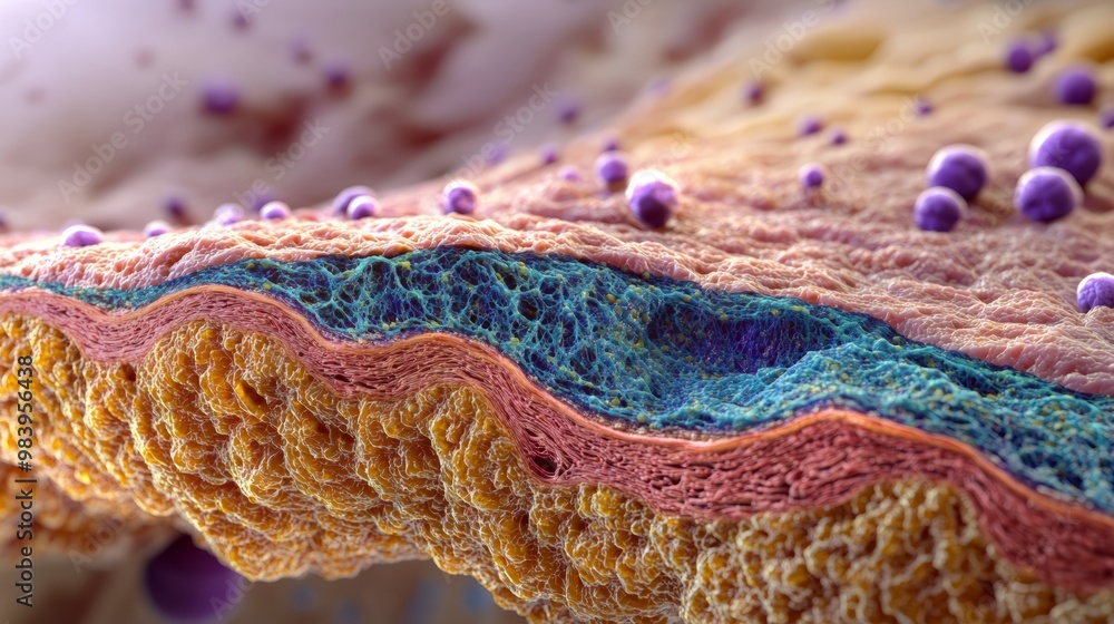 Poster close-up of cellular structure showcasing intricate layers and textures, highlighting biological com