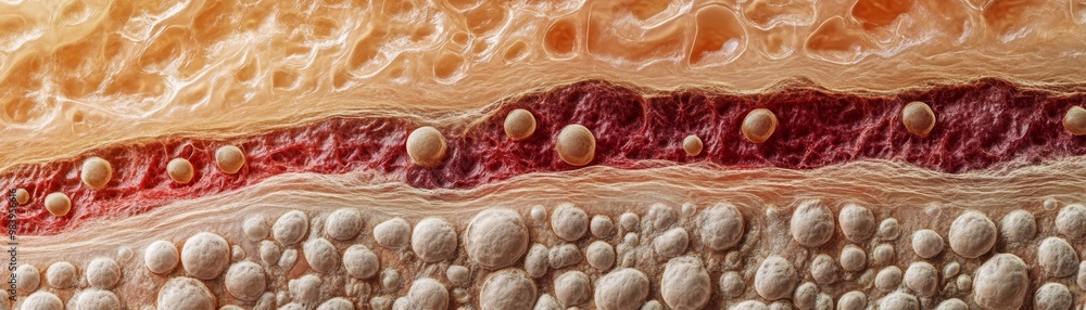 Poster close-up view of cellular structures showcasing layers of tissue with varied textures and colors, em