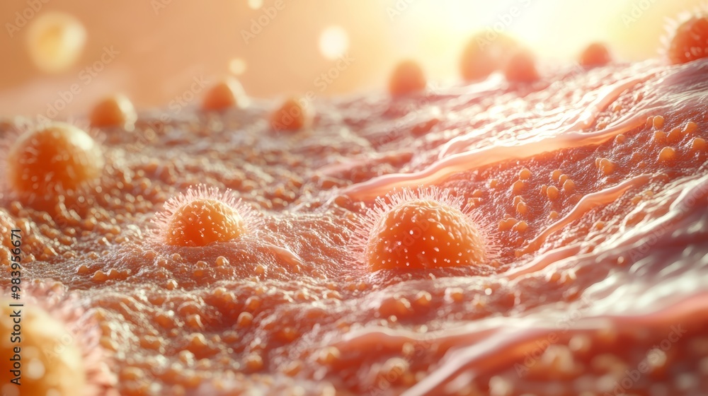 Poster close-up view of microscopic cells on a textured surface, showcasing vibrant colors and intricate de