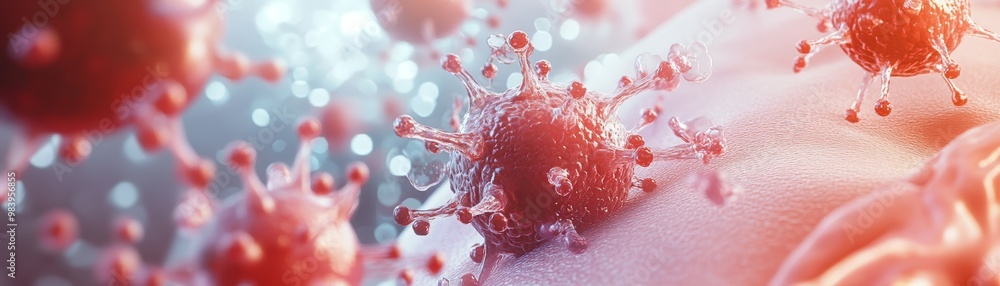 Poster close-up view of viruses on a cellular surface, showcasing intricate details and vibrant colors in a
