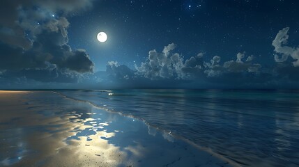 Beautiful Blue Skies with Nature, Moon ,Cloud ,Beach scenery, Tree, night -Anime concept Background
