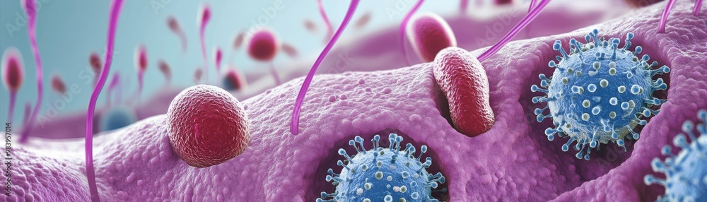 Poster detailed illustration of virus structures interacting with cells, showcasing cellular processes and 