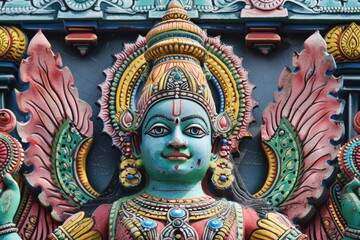 Colorful Hindu deity sculpture with intricate details