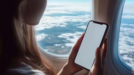 Woman Hands using using smartphone,hand holding smart cell phone with blank white screen on board of airplane near window seat,Mockup of a hand holding mobile phone,Business,travel,work concept.