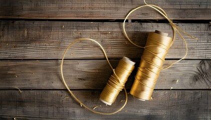 Golden thread spool resting on a rustic wooden surface, embodying vintage simplicity and timeless craftsmanship