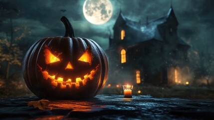Obraz premium Halloween pumpkin with candlelight in front of a haunted house background,