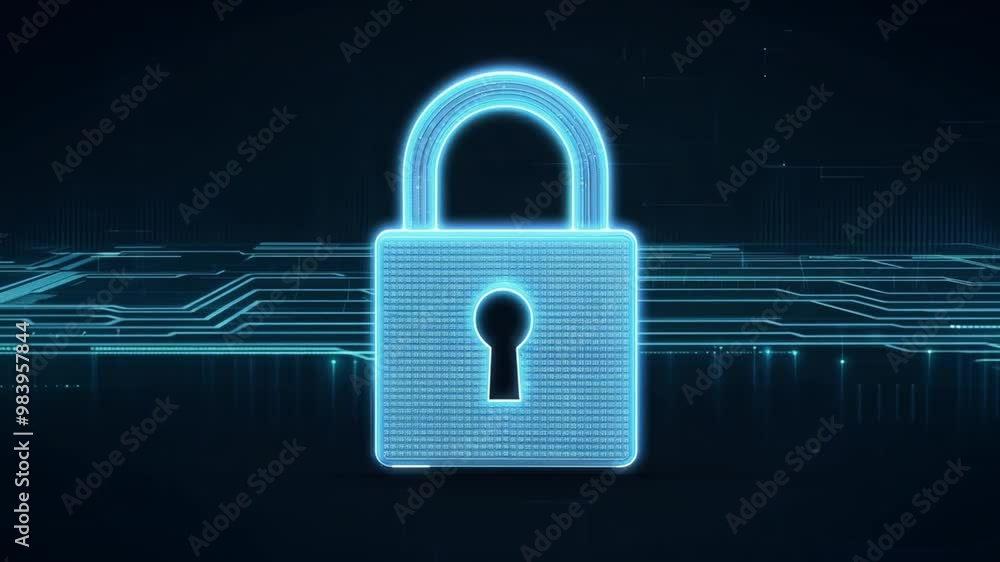 Poster A digital padlock is displayed against a high-tech background, embodying the concepts of online security, data protection, and encryption in a digital environment.