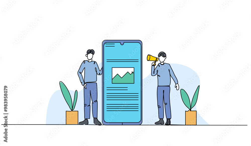 Poster vector illustration of two men are doing a promotion. modern flat in continuous line style.