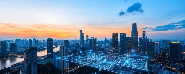 Fototapeta premium Blueprint for a complex infrastructure project displayed on a digital screen, set against a breathtaking view of a sunset over the city, symbolizing urban progress